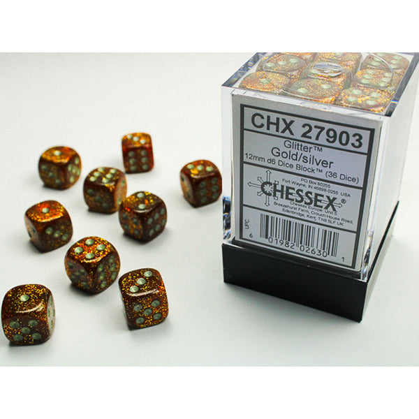 Chessex - Glitter 12mm D6 Dice Block - Gold w/ Silver