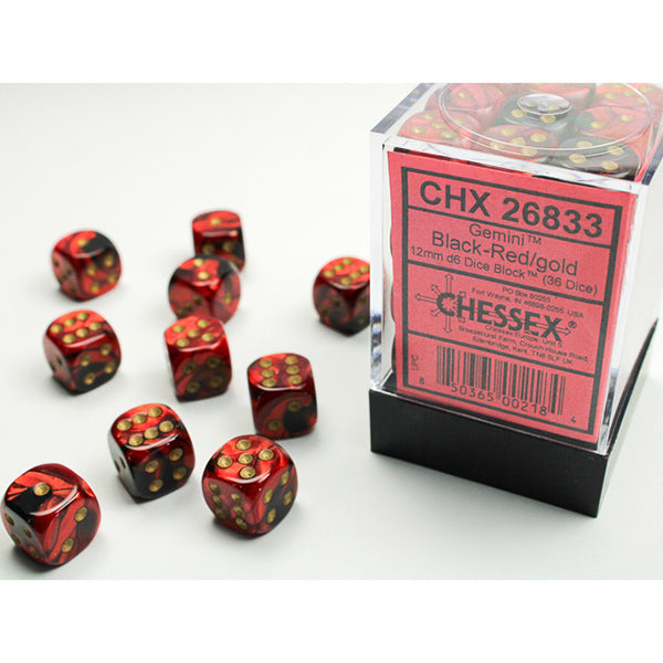 Chessex - Gemini 12mm D6 Dice Block - Black & Red w/Gold