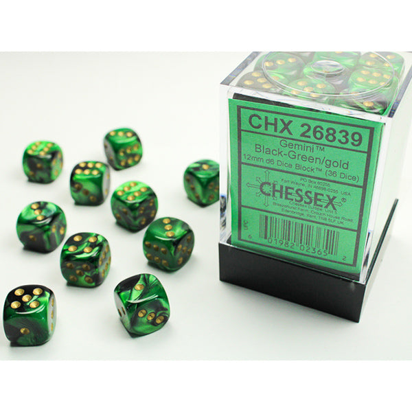 Chessex - Gemini 12mm D6 Dice Block - Black & Green w/Gold