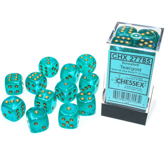 Chessex - Borealis 16mm D6 Dice Block - Teal w/ Gold