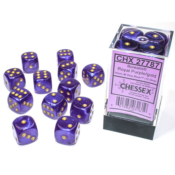 Chessex - Borealis 16mm D6 Dice Block - Luminary Royal Purple & Gold Dice Block