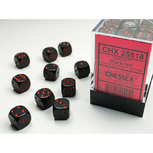 Chessex - Opaque 12mm D6 Dice Block - Black w/Red