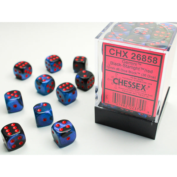 Chessex - Gemini 12mm D6 Dice Block - Black & Starlight w/Red