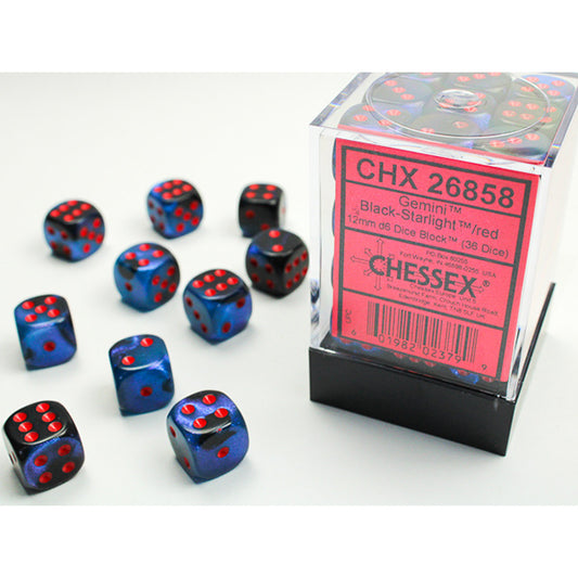 Chessex - Gemini 12mm D6 Dice Block - Black & Starlight w/Red
