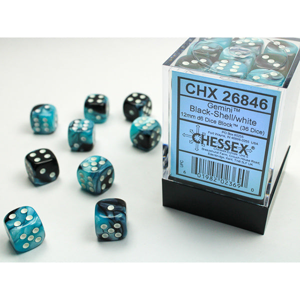 Chessex - Gemini 12mm D6 Dice Block - Black & Shell w/White