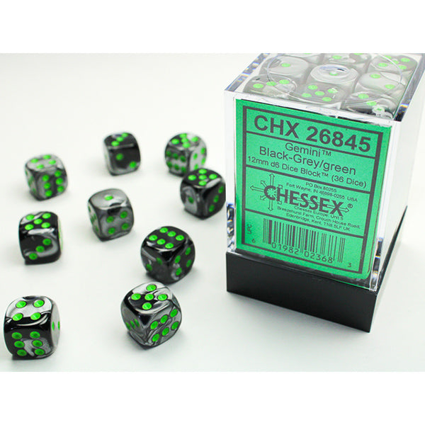 Chessex - Gemini 12mm D6 Dice Block - Black& Grey w/Green
