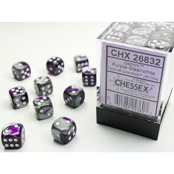 Chessex - Gemini 12mm D6 Dice Block - Purple & Steel w/White