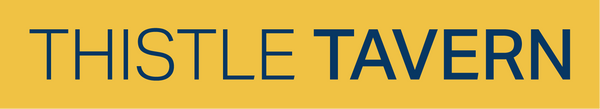 Thistle Tavern logo featuring the words 'THISTLE TAVERN' in dark blue sans-serif lettering on a solid mustard yellow background.
