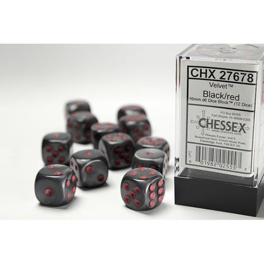 Chessex - Velvet 16mm D6 Dice Block - Black w/ Red