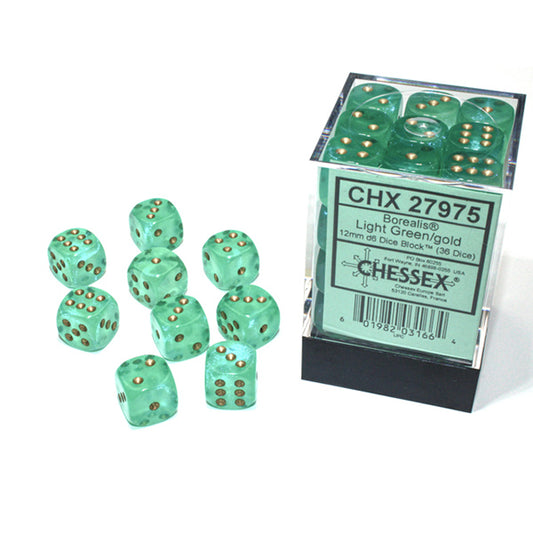 Chessex - Borealis 12mm D6 Dice Block - Luminary Light Green & Gold Dice Block