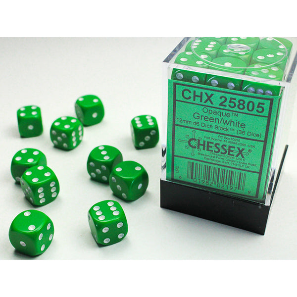 Chessex - Opaque 12mm D6 Dice Block - Green w/White