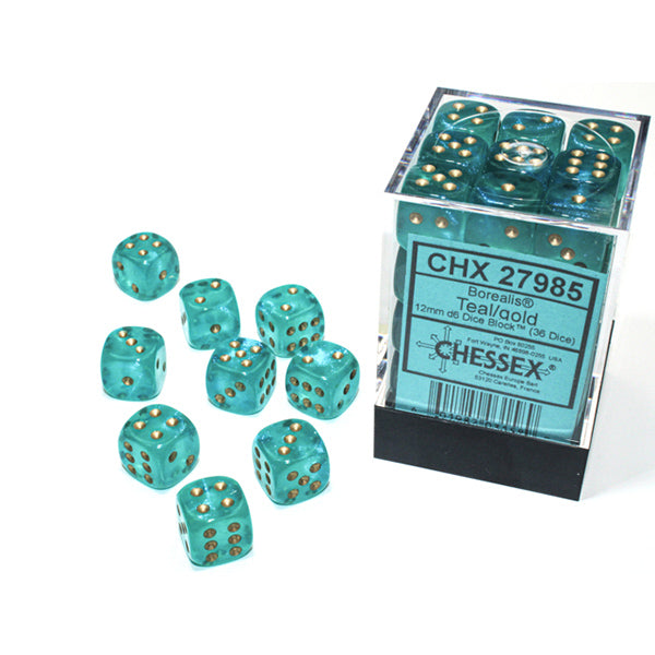 Chessex - Borealis 12mm D6 Dice Block - Luminary Teal & Gold Dice Block